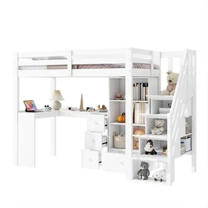 Hochbett Kinderbett Jugendbett 90x200 mit Schreibtisch, Treppe & Bücherregal - Bild 1 von 14