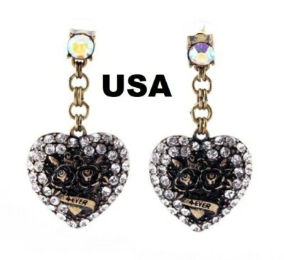 US Seller Betsey Johnson Crystal Heart Shape Earrings Dangle Pink Black Jewelry - Image 1 of 4