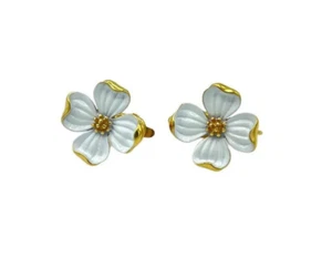 Crown TRIFARI Gold White Enamel Dogwood Flower Clip-On Earrings - Picture 1 of 5