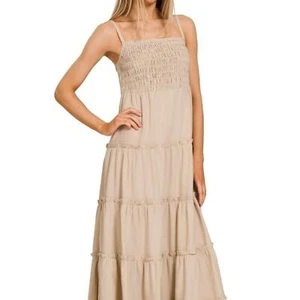 ZENANA PREMIUM SAND BEIGE WOVEN SMOCKED TOP XL TIERED CAMI MAXI DRESS - Picture 1 of 9