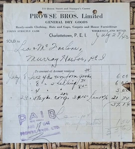 1942 Billhead Prince Edward Island Charlottetown Prowse Brothers General Goods - Picture 1 of 1