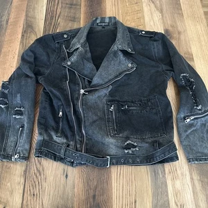 BALMAIN Paris Crach Double Rider Mens Denim Jacket Black/Gray Italy Money - Picture 1 of 16