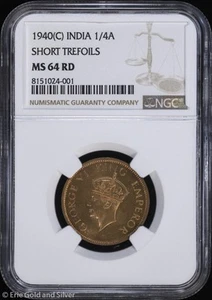 1940-(C) India 1/4 Anna NGC MS 64 RD | Short Trefoils Uncirculated UNC BU - Picture 1 of 4