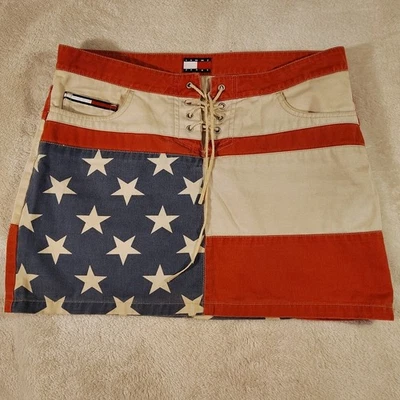 Vintage Tommy Hilfiger Skirt Womens 9 Cotton Mini Skirt Y2K 90s Flag Logo USA - Image 1 of 4
