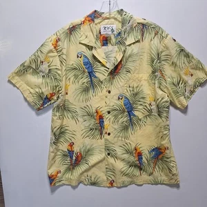 Ky's Hawaiian Men’s Shirt Large Yellow Palms Parrots Tropical Birds Aloha Beach - Imagen 1 de 9