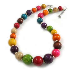 Multicoloured Graduated Wood Bead Necklace - 48cm L/ 4cm Ext - Picture 1 of 6
