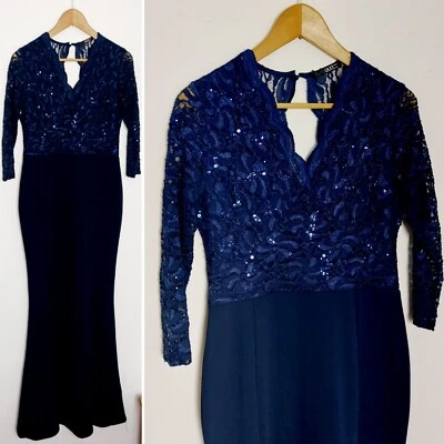 Vestido Falda Sirena Manga 3/4 Corpiño Lentejuelas Encaje Largo Azul Marino Quiz Talla 12 Foto 1 de 4