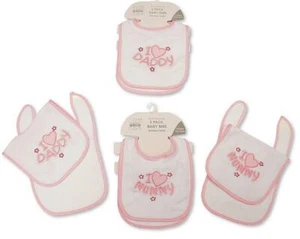 Baby Bibs 'I Love Mummy / Daddy' Cotton Terry 2 Pack Pink Blue Newborn + abg - Picture 1 of 6