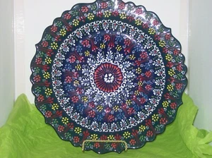 LARGE SCALLOPED EDGED BLUE PLATE WITH MULTICOLORED MORIAGE DESIGN - Picture 1 of 4