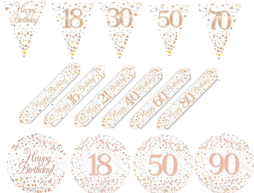 Bandera de cumpleaños y globos de 18" de lámina holográfica brillante de oro rosa Foto 1 de 1