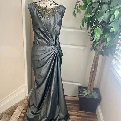 Tadashi Shoji 珠宝装饰垂褶腰部落地连衣裙灰色 14 码 — 第 1/4 张图片