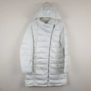DKNY Down Puffer Jacket Medium White Asymmetrical Zip Wide Hood Parka Coat - Picture 1 of 13