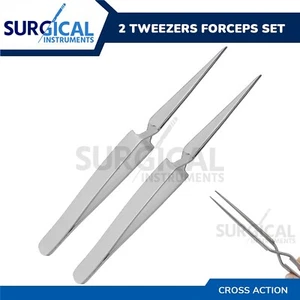 2 Pcs Tweezers Forceps Set Cross Lock Self Closing Reverse Action German Grade - Picture 1 of 7
