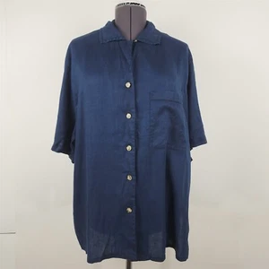 Vintage Jones New York Blau Kurzarm Knopfleiste Leinen Top - Bild 1 von 7