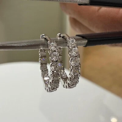2 Ct Round Cut Certified Moissanite Women's Hoop Earrings 14K White Gold Plated - Image 1 of 4