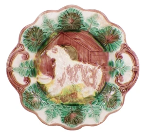 Majolica Sheep Dog Cake Plate Colorful Victorian Unsigned Antique A Beauty - Picture 1 of 8
