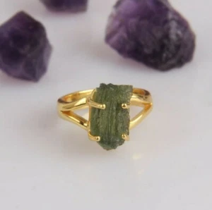 Genuine Raw Czech MOLDAVITE Ring 925 Silver 18k Gold Plated Engagement Ring - Picture 1 of 7