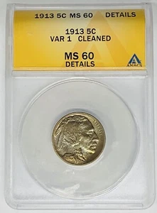 1913 Typ 1 Büffel Nickel 5c Münze getönt ANACS MS 60 Details gereinigt - Bild 1 von 2