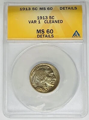 1913 Type 1 Buffalo Nickel 5c Coin Toned ANACS MS 60 Details Cleaned - Image 1 of 2