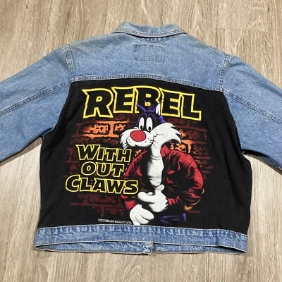 Jaqueta Looney Tunes M 00s Y2k Sylvester gato rebelde desenho animado jeans casaco Demim - Imagem 1 de 4