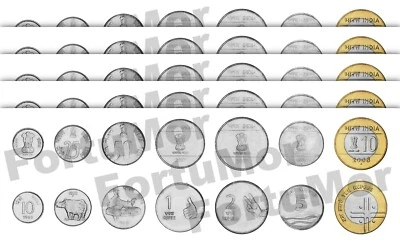 India 5 x 7 PCS Coins Set, 10 25 50 Paise 1 2 5 10 Rupees 1988 2010, AU- UNC - Image 1 of 4