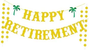 Beach Retirement Party Decorations, Gold Glitter Happy Retirement Banner, - Picture 1 of 5