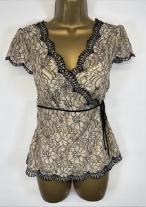 Monsoon Wrap Top Ivory Floral lace Scalloped Black Trim Cap Sleeve UK 14 - Picture 1 of 16