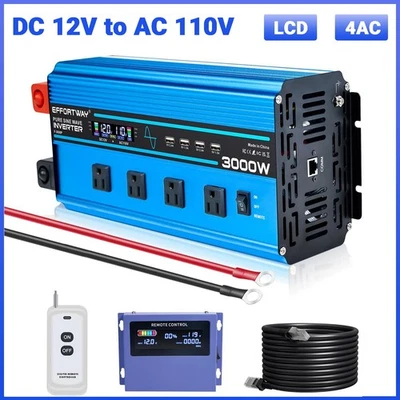 3000W 6000W Pure Sine Wave Power Inverter 12V to 110V Remote Converter 4AC 4USB - Image 1 of 4