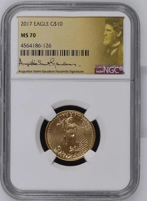 2017 $10 Gold Eagle 1/4 oz NGC MS70 — Saint-Gaudens Signature Label — PERFECT! - Image 1 of 4