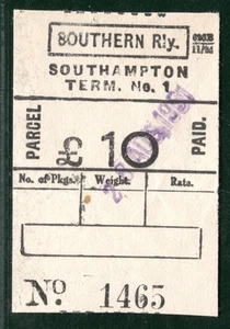 GB SOUTHERN RAILWAY Parcel Stamp *£10* HIGH VALUE Southampton 1951 Used SILVER66 - Picture 1 of 8