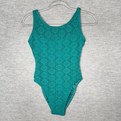 复古泳装尺寸 6 小号 90 年代 Jantzen Coastal Zone 绿松石绿色钩针编织 — 第 1/4 张图片