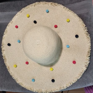 Anthro SHIRALEAH Florence Pom Pom Fringe Womens Paper Sun Summer Wide Brim Hat - Picture 1 of 8