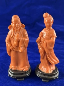 Pair VINTAGE Chinese Coral RED Plastic Celluloid FIGURES Made In Hong Kong - Picture 1 of 3
