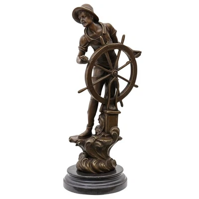 Bronze Skulptur Steuermann auf Meer – nautische maritime Figur auf Marmorsockel - Bild 1 von 3