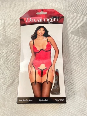 Dreamgirl Talla OS Dos Piezas Peluche y Panty Lápiz Labial Rojo y Negro Encaje 10567 Abierto Foto 1 de 3