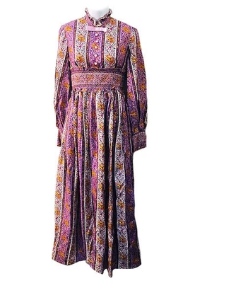 Vestido maxi cottagecore de los años 70 VTG de mezcla de rayón hecho a mano con flores moradas XS/S Foto 1 de 4