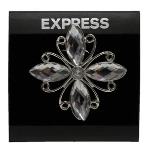 Express Crystal Flower Brooch 2" Costume Sparkly Silver Tone Rhinestone Pin - Picture 1 of 3
