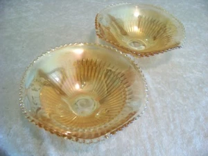 2 Vintage Jeanette Amber Carnival Glass Footed Bowls W/ Scalloped Beaded Edges  - Picture 1 of 8