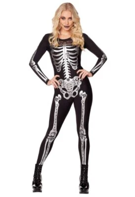 New Sexy Adult Women's One Piece Long Sleeve Skeleton Catsuit Halloween Costume Foto 1 de 2