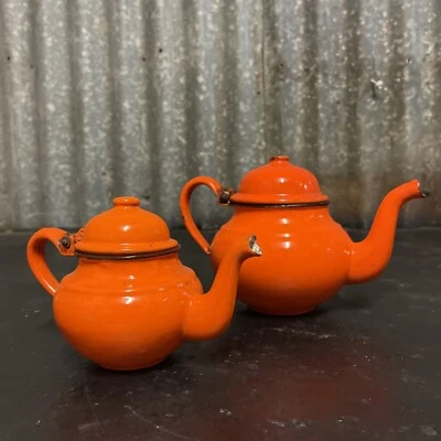 Set of 2 x Vintage Enamel Porcelain Red/Orange/Black Teapots Made In Poland - Image 1 of 4