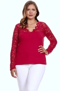Ambiance Plus 2X Long Sleeve Red Stretch Scalloped Lace Inset Knit Top - Picture 1 of 3