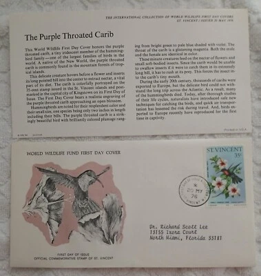 ST VINCENT  1976  WWF - THE PURPLE THROATED CARIB - FDC - Image 1 of 2