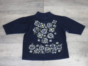 VINTAGE Girls Mock Neck Floral Long Sleeve Top Shirt Youth Size Large Navy Blue - Picture 1 of 6