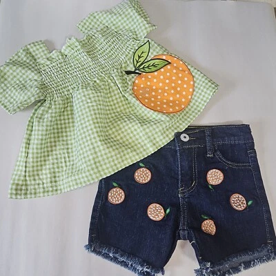 Conjunto de 2 Piezas Verde Guinga Peplum Top Jean Pantalones Cortos Naranja Fruta Otoño Festival Diversión Foto 1 de 4