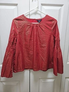 Nautica Girls Smocked Bell Sleeve Blouse Cherry Red Gold Metallic Stripe XL (16) - Picture 1 of 6
