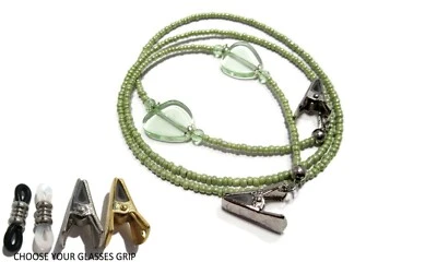 Collar de cadena de gafas con cuentas verde claro, cordón con soporte para gafas, elige empuñaduras Foto 1 de 4
