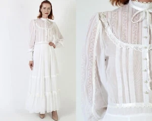 Vtg Gunne Sax White Cottagecore Saloon Dress 70s Victorian Boho Wedding Gown - Picture 1 of 6