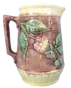 Majolica Wild Rose Pitcher Butterfly Spout Basketweave Yellow Bands Antique #2 - Picture 1 of 6