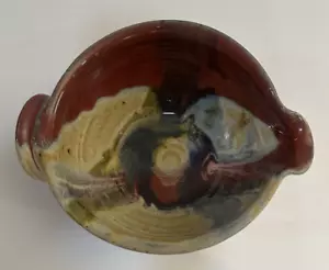 Studio Art Signed Ayers Drip Glaze Pottery Bowl Spout Handle Red Tan 2016 - Picture 1 of 11