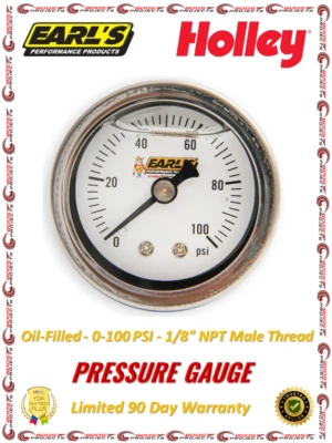 Manómetro de presión de combustible Earl's 0-100 PSI 1/8" NPT rosca macho plateado 100187ERL Foto 1 de 4